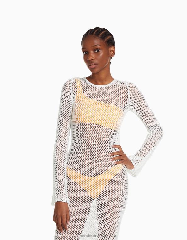 ženy Bershka midi síťované šaty s dlouhým rukávem P8844999 oblečení krém
