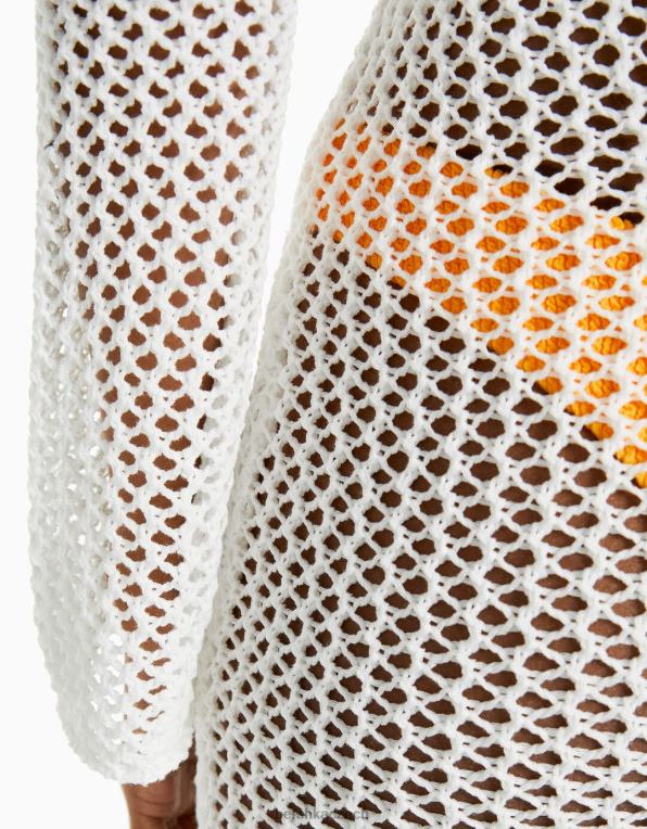 ženy Bershka midi síťované šaty s dlouhým rukávem P8844999 oblečení krém