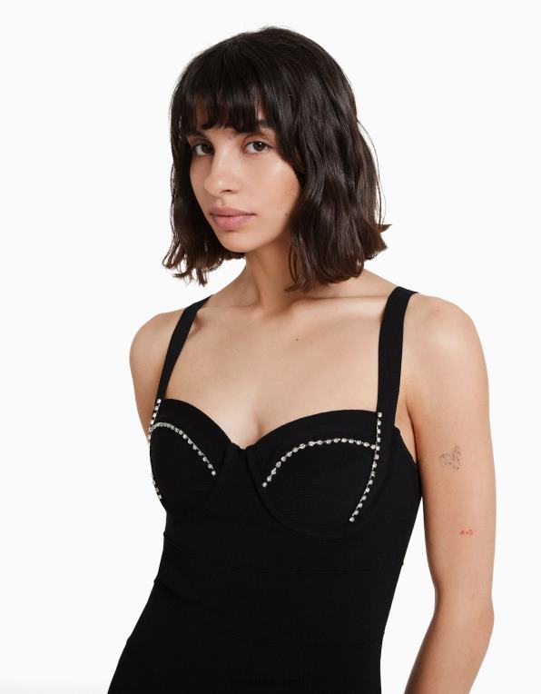 ženy Bershka mini šaty na ramínka s kamínky P8844129 oblečení Černá