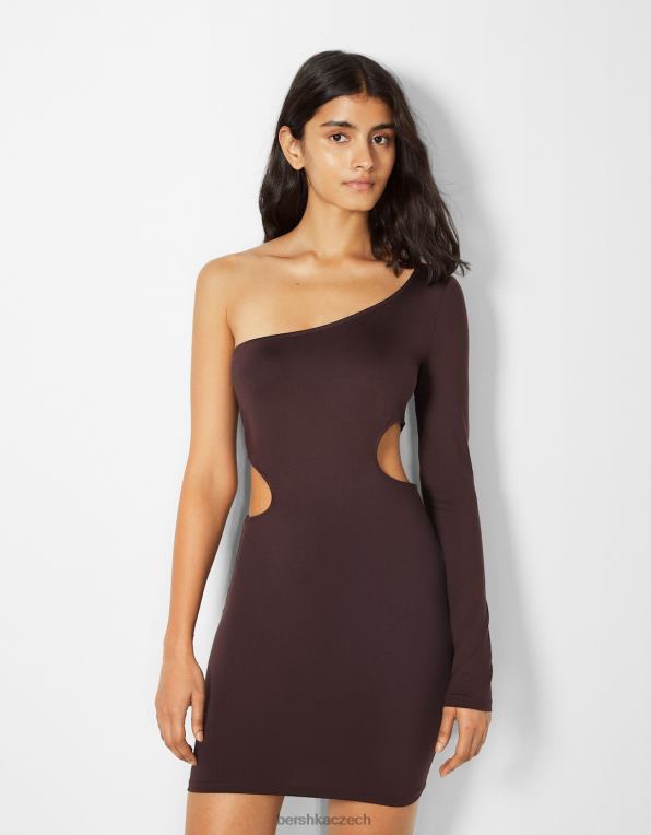 ženy Bershka minišaty s dlouhým asymetrickým rukávem a průstřihy P8844256 oblečení hnědý