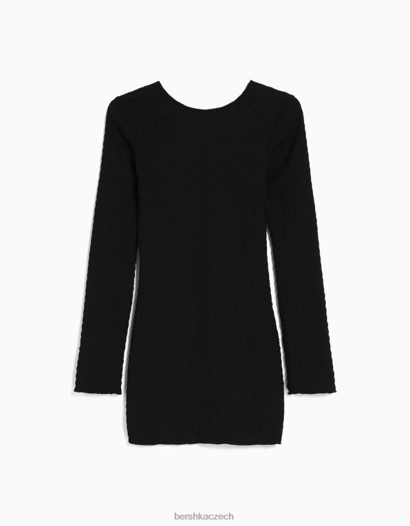 ženy Bershka minišaty s dlouhým rukávem, zapínáním na zádech a mašlí P88444104 oblečení Černá