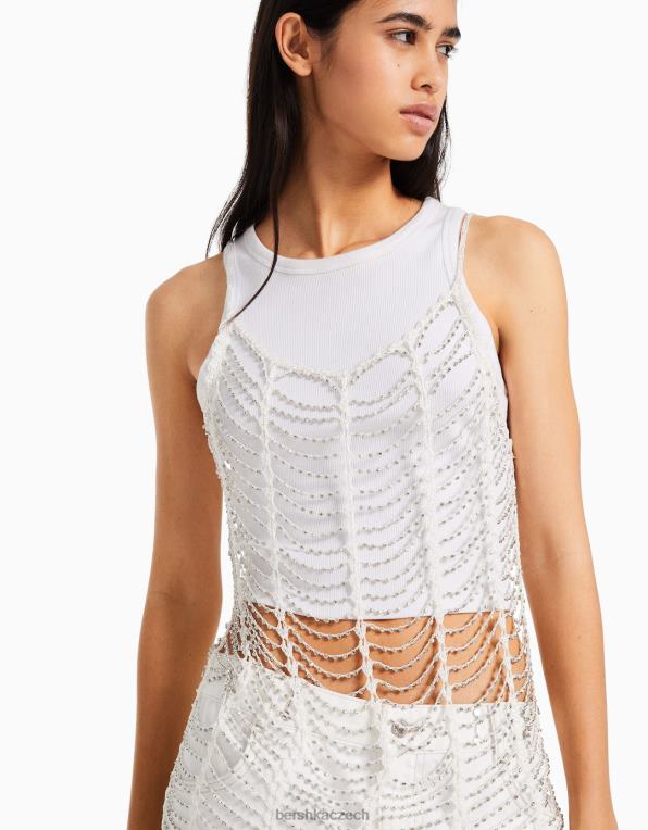 ženy Bershka minišaty ze síťoviny na ramínka s kamínky P8844140 oblečení krém