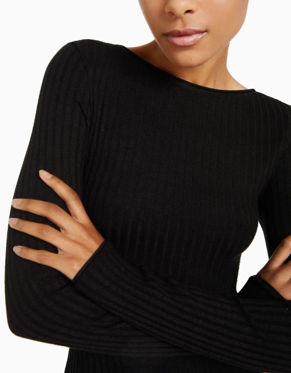 ženy Bershka mini žebrované šaty s dlouhým rukávem P8844284 oblečení Černá