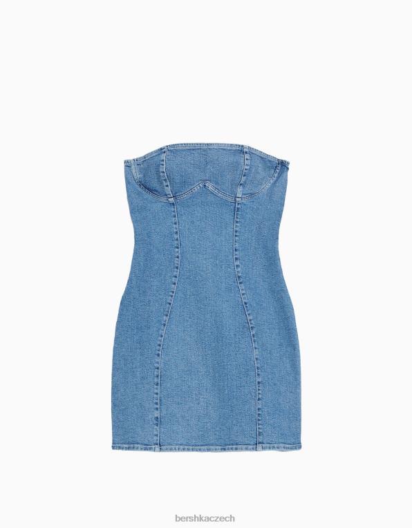 ženy Bershka relax fit džínové minišaty na rameno P88441827 oblečení světle modrá