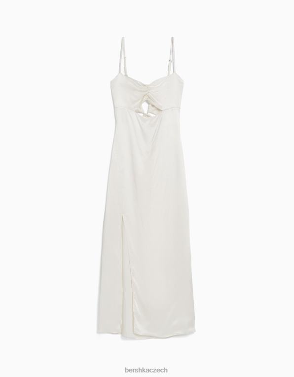 ženy Bershka saténové midi šaty na ramínka P8844177 oblečení krém