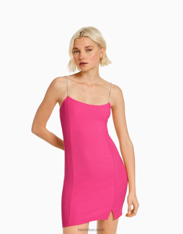 ženy Bershka štrasové minišaty na ramínka s žebrovým šněrováním P8844134 oblečení růžový