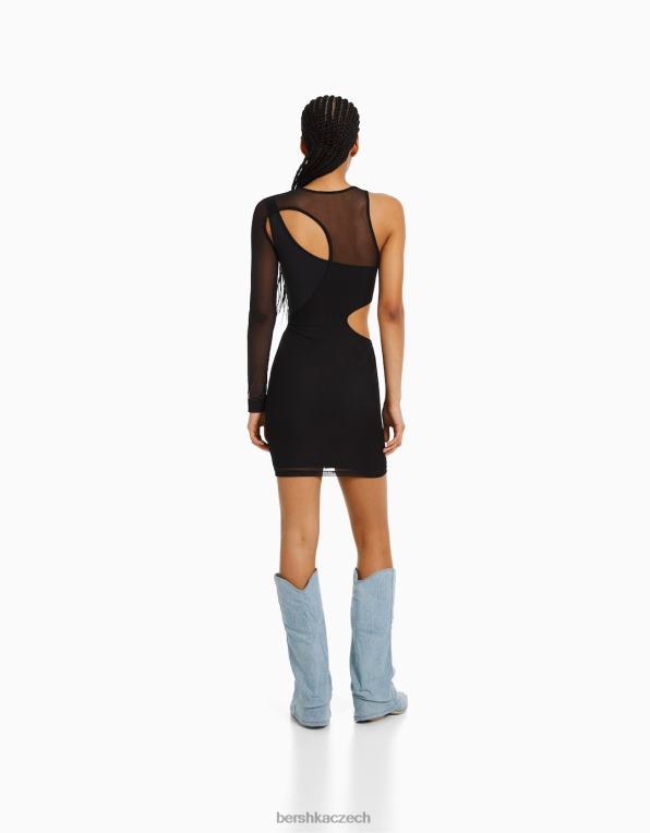 ženy Bershka tylové asymetrické minišaty s dlouhým rukávem P8844238 oblečení Černá