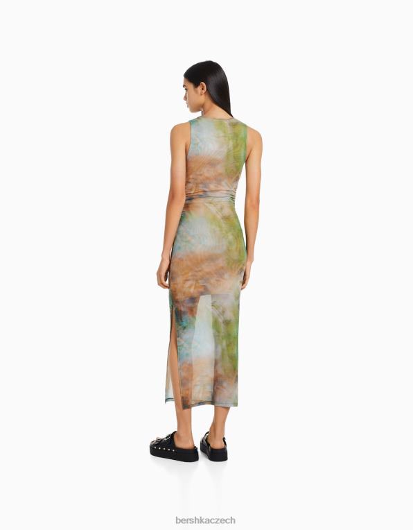 ženy Bershka tylové midi šaty s potiskem bez rukávů P884487 oblečení khaki