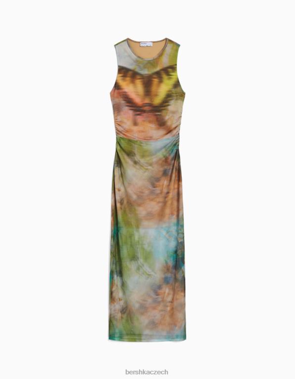 ženy Bershka tylové midi šaty s potiskem bez rukávů P884487 oblečení khaki