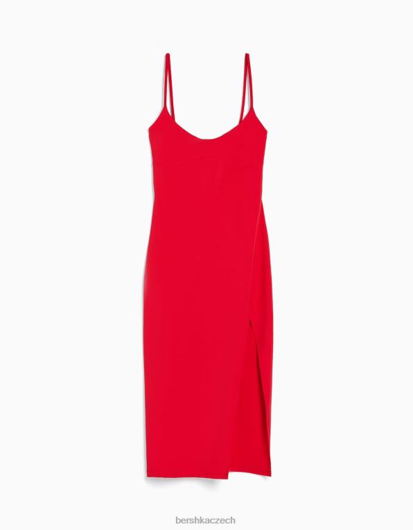 ženy Bershka vypasované midi šaty s ramínky P884435 oblečení Červené