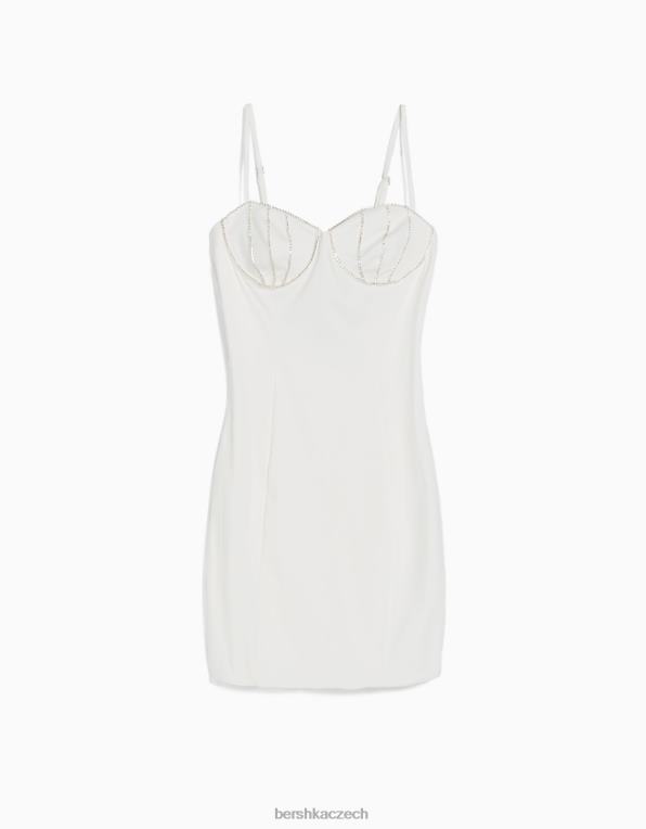 ženy Bershka vypasované minišaty na ramínka s nabíráním a kamínky P884418 oblečení bílý