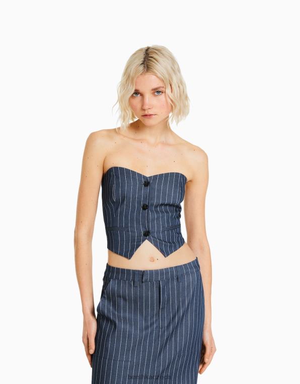 ženy Bershka přizpůsobená proužkovaná vesta s odhalenými rameny P88441188 oblečení tmavě modrá