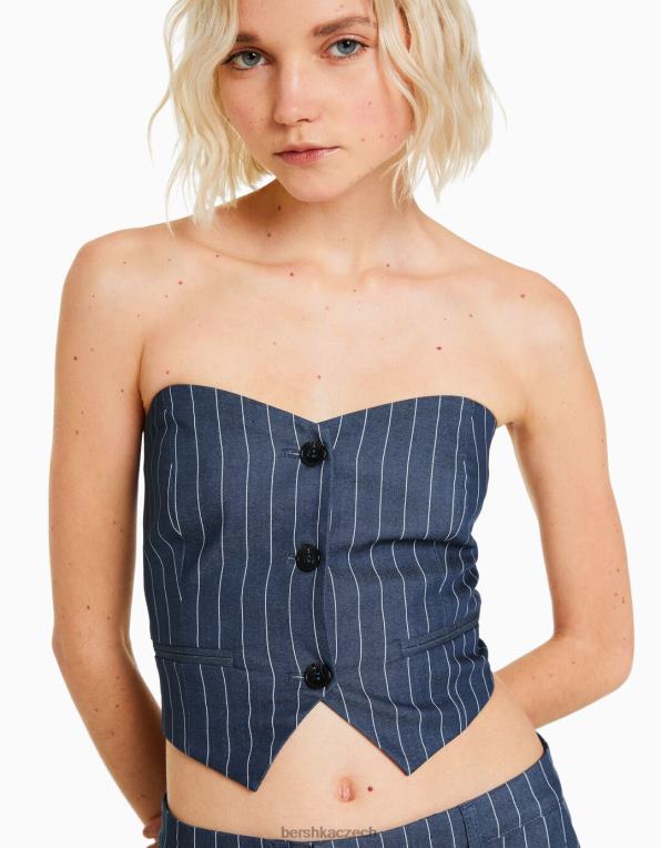 ženy Bershka přizpůsobená proužkovaná vesta s odhalenými rameny P88441188 oblečení tmavě modrá