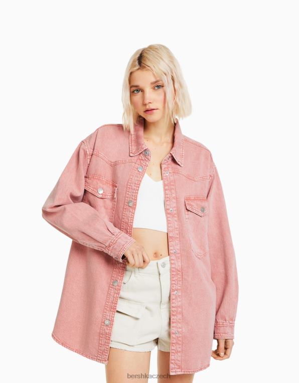 ženy Bershka bavlněná košile s dlouhým rukávem a kapsami P88441124 oblečení růžový