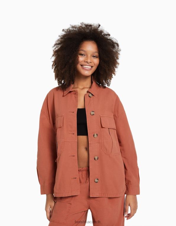 ženy Bershka bavlněná košile s dlouhým rukávem a kapsami P88441126 oblečení růžový