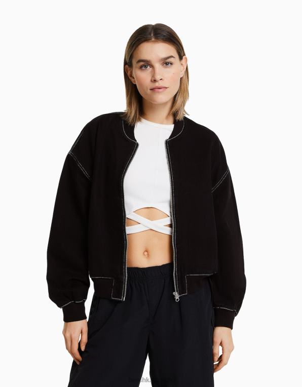 ženy Bershka džínová bomber bunda s kontrastní nití P88441170 oblečení Černá