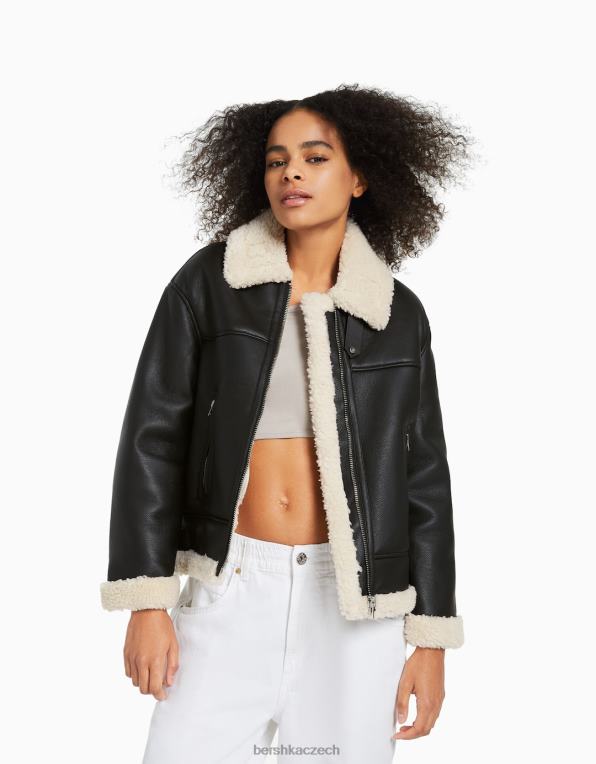 ženy Bershka dlouhá oboustranná bunda z umělé kůže P88441141 oblečení Černá