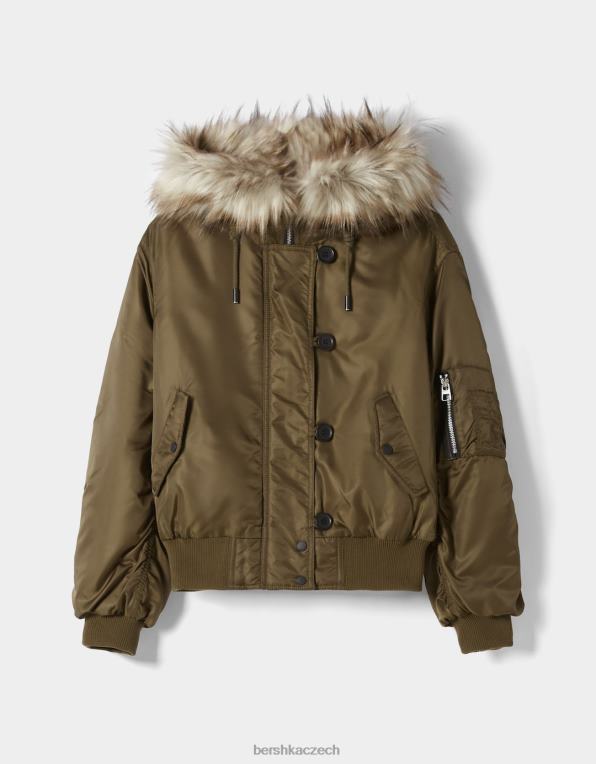 ženy Bershka zkrácená bunda parka s kapucí z umělé kožešiny P88441142 oblečení khaki
