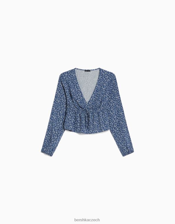 ženy Bershka halenka s dlouhým rukávem a květinovým potiskem s kravatou P8844948 oblečení námořnictvo