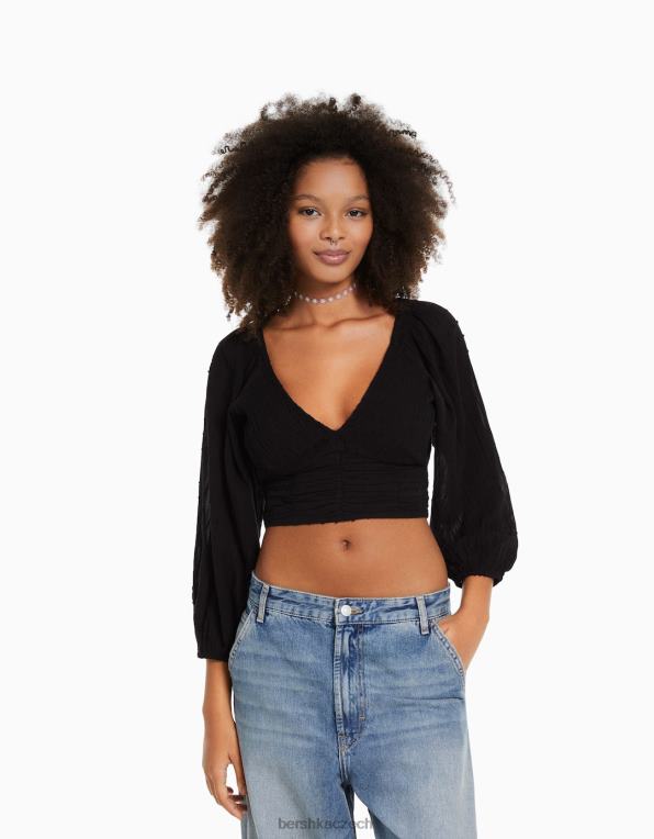 ženy Bershka objemná halenka s dlouhým rukávem a výstřihem do V P8844952 oblečení Černá