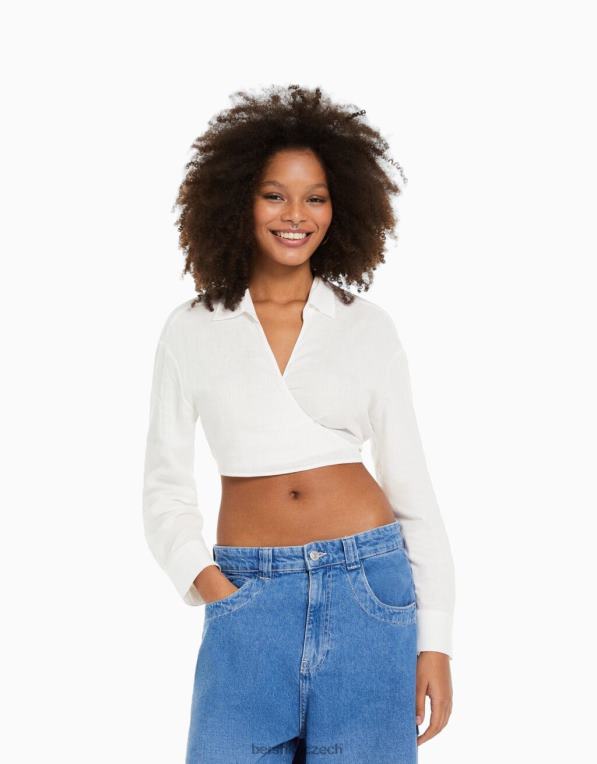 ženy Bershka crossover košile ze směsi lnu s dlouhým rukávem P8844910 oblečení bílý