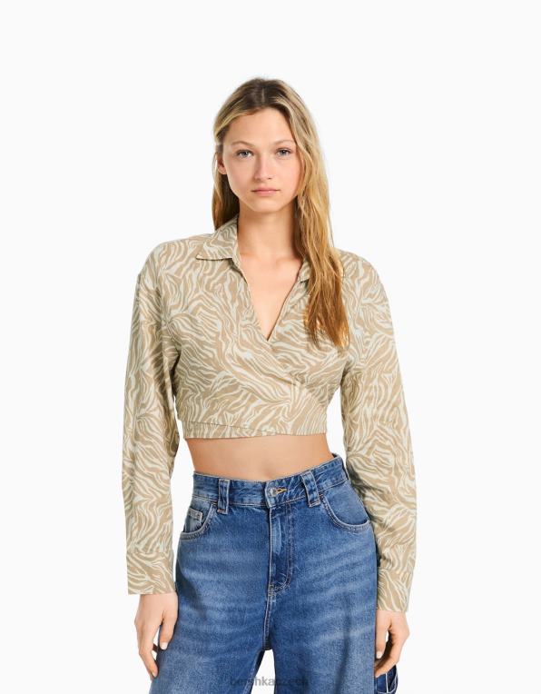 ženy Bershka crossover košile ze směsi lnu s dlouhým rukávem P8844911 oblečení písek