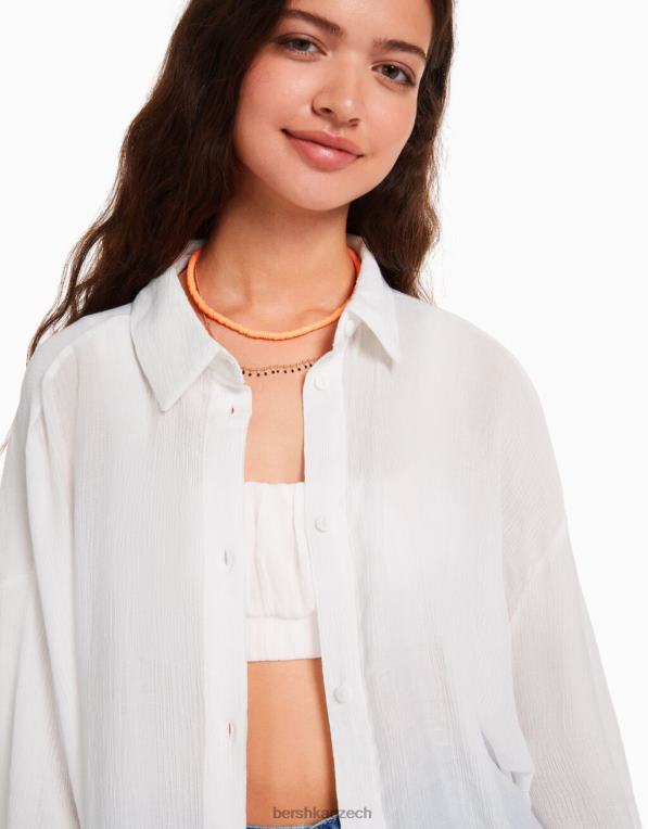 ženy Bershka oversize krepová košile s dlouhým rukávem P8844916 oblečení krém