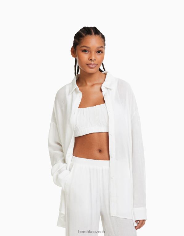 ženy Bershka oversize krepová košile s dlouhým rukávem P8844917 oblečení krém