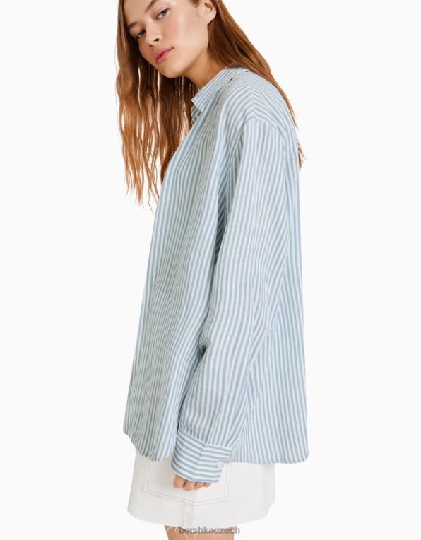 ženy Bershka oversize plátěná košile s dlouhým rukávem P8844902 oblečení světle modrá
