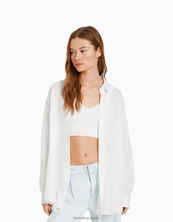 ženy Bershka oversize plátěná košile s dlouhým rukávem P8844903 oblečení špinavě bílé
