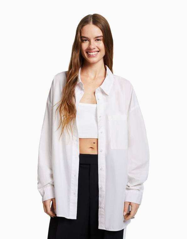 ženy Bershka oversize popelínová košile s dlouhým rukávem P8844927 oblečení bílý