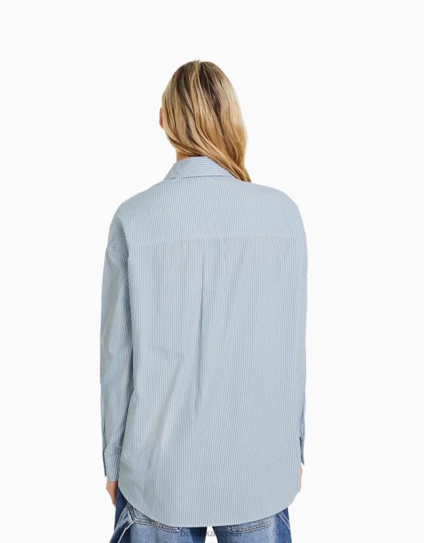 ženy Bershka pruhovaná popelínová košile s dlouhým rukávem P8844941 oblečení světle modrá