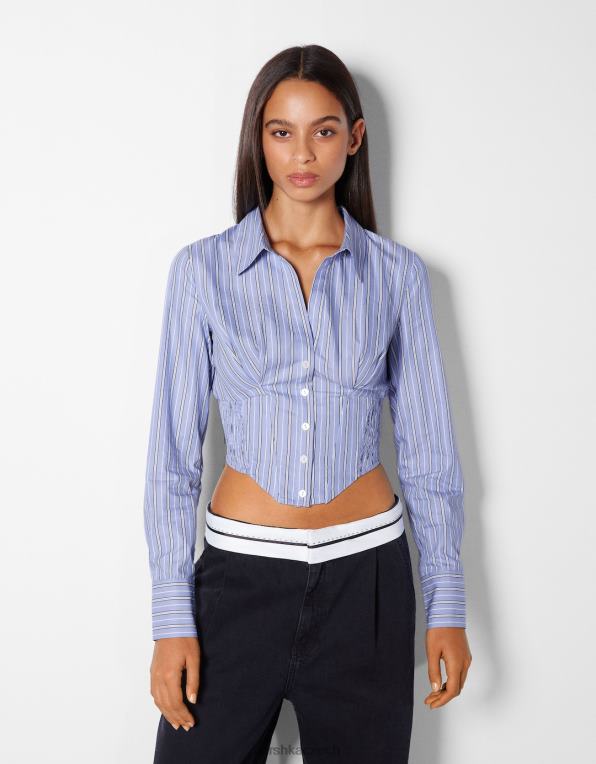 ženy Bershka vypasovaná popelínová korzetová košile s dlouhým rukávem P8844929 oblečení světle modrá