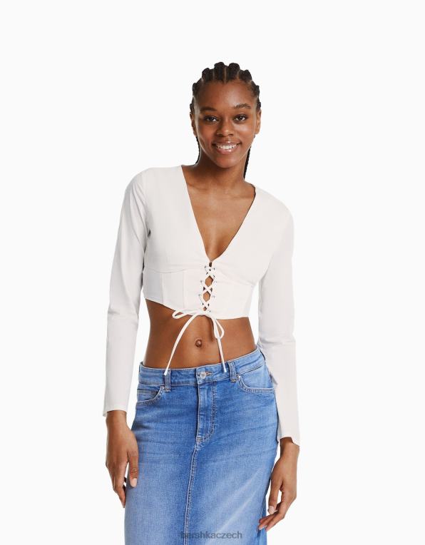 ženy Bershka vypasovaná popelínová šněrovací korzetová košile s dlouhým rukávem P8844937 oblečení jiný