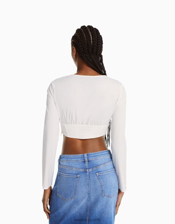 ženy Bershka vypasovaná popelínová šněrovací korzetová košile s dlouhým rukávem P8844937 oblečení jiný