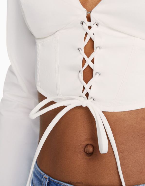 ženy Bershka vypasovaná popelínová šněrovací korzetová košile s dlouhým rukávem P8844937 oblečení jiný