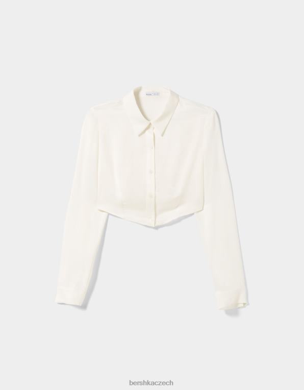 ženy Bershka vypasovaná saténová košile s dlouhým rukávem P8844923 oblečení krém