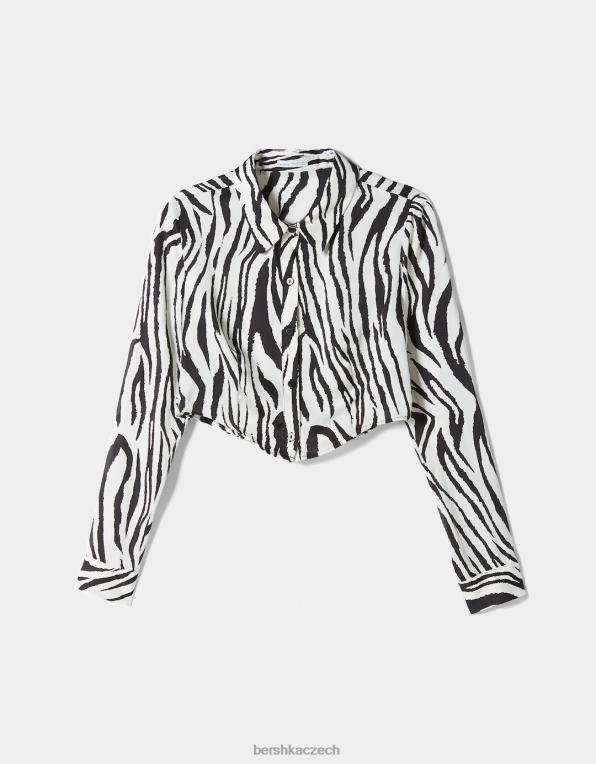 ženy Bershka vypasovaná saténová košile s dlouhým rukávem P8844925 oblečení bílý černý