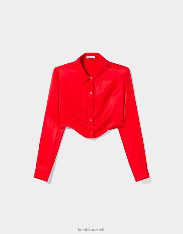 ženy Bershka vypasovaná saténová košile s dlouhým rukávem P8844926 oblečení výhradní