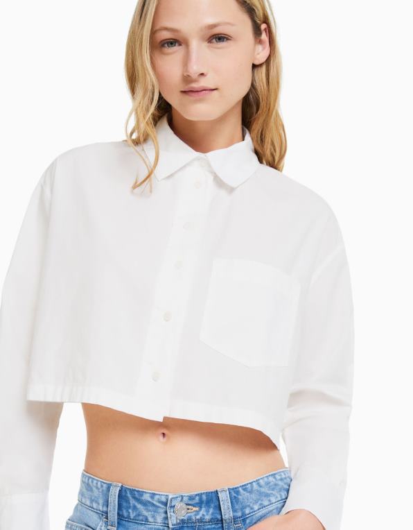 ženy Bershka zkrácená popelínová košile s dlouhým rukávem P8844933 oblečení bílý