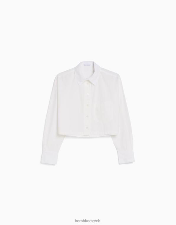 ženy Bershka zkrácená popelínová košile s dlouhým rukávem P8844933 oblečení bílý