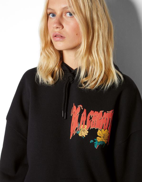 ženy Bershka potištěná mikina s kapucí P88441243 oblečení Černá