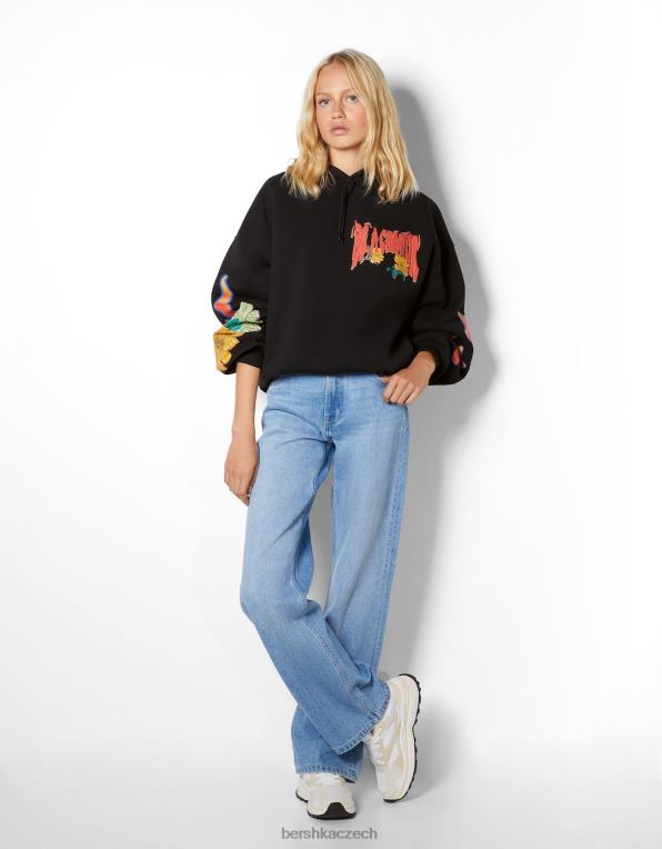 ženy Bershka potištěná mikina s kapucí P88441243 oblečení Černá