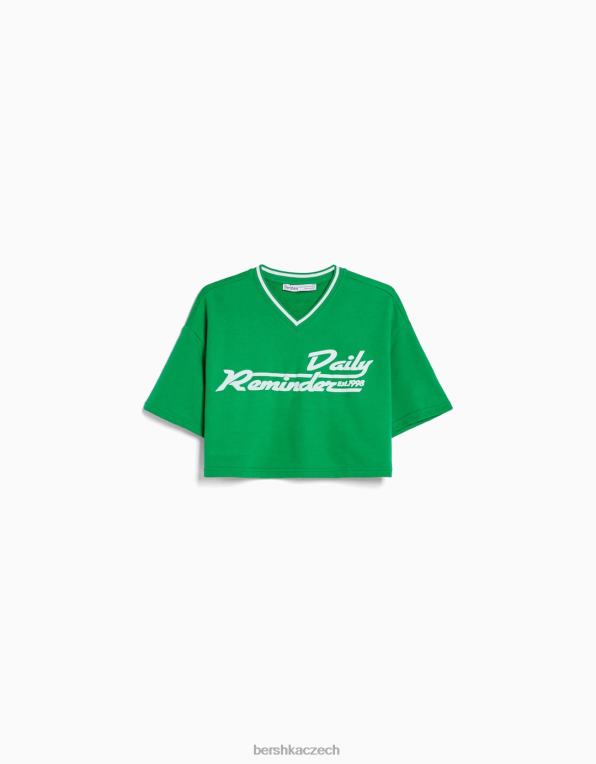 ženy Bershka Mikina s krátkým rukávem a výstřihem do V s potiskem P8844586 oblečení zelená