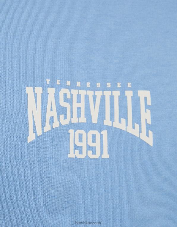 ženy Bershka mikina s kulatým výstřihem a kontrastním potiskem P88441264 oblečení modrý