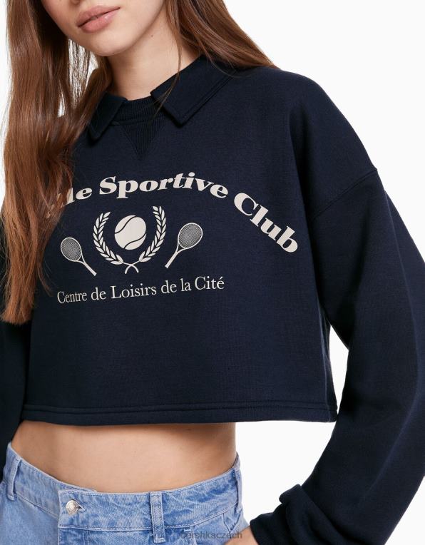 ženy Bershka potištěná mikina s polo límečkem P88441258 oblečení námořnictvo