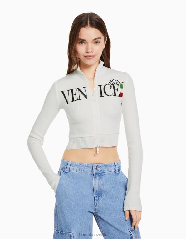 ženy Bershka dlouhý rukáv vyšívaný kardigan se zipem P88441080 oblečení krém