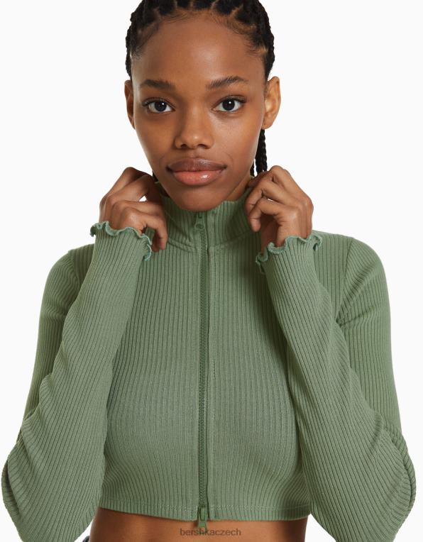 ženy Bershka zkrácený svetřík s vysokým výstřihem a zipem P8844960 oblečení khaki