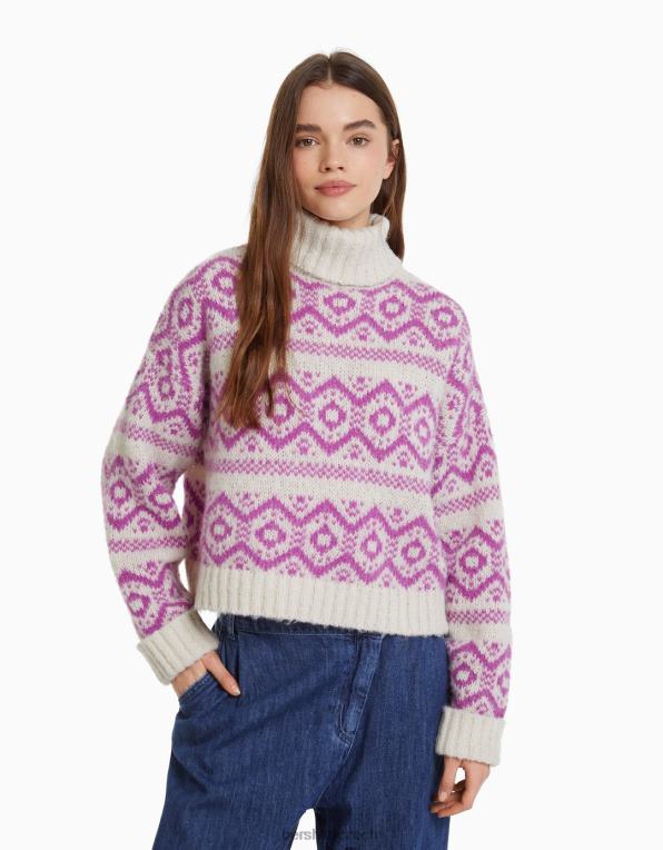 ženy Bershka žakárový svetr s vysokým výstřihem P88441076 oblečení růžový