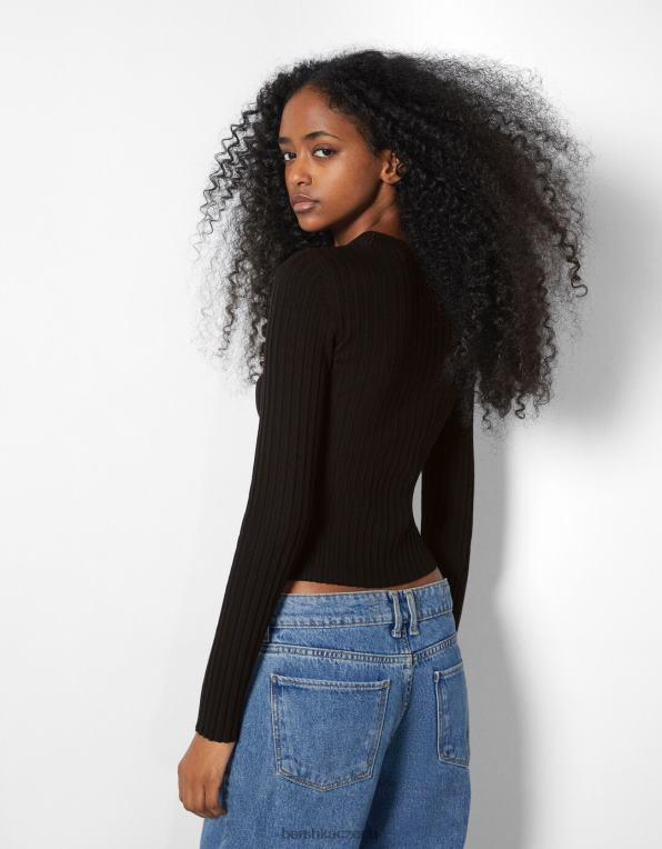 ženy Bershka žebrovaný falešný svetr s výstřihem P88441021 oblečení Černá